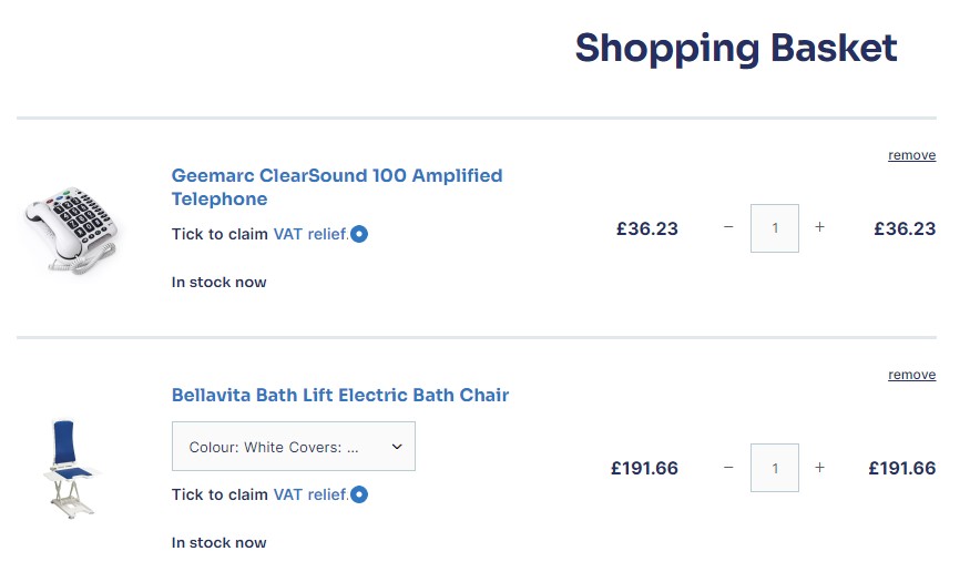 Example of Multiple Products in Shopping Basket Having VAT Relief