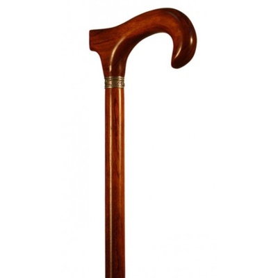 Finna Brown Bubinga Wood Walking Stick with Curved Derby Handle and Silver Collar