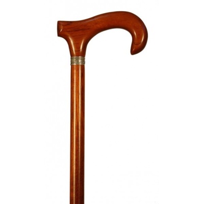 Finna Brown Bubinga Wood Walking Stick with Curved Derby Handle and Silver Collar