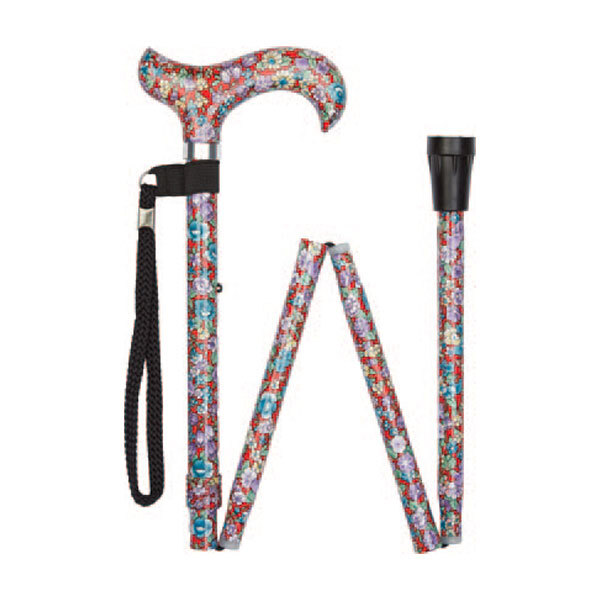 Ziggy Red Floral Derby Handle Folding Adjustable Walking Stick