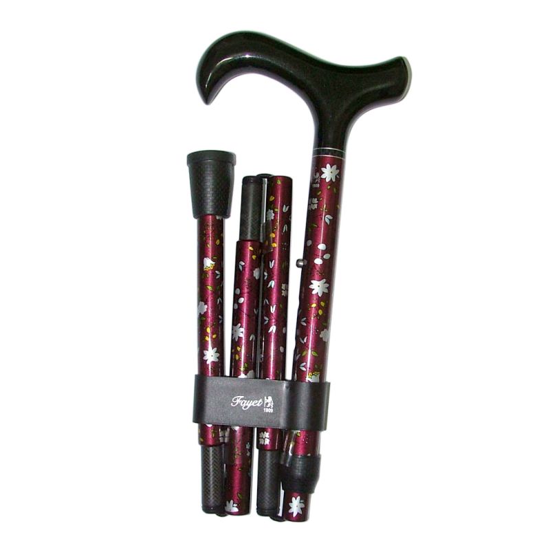 Adjustable Folding Claret Derby Handle Walking Stick with Floral Pattern