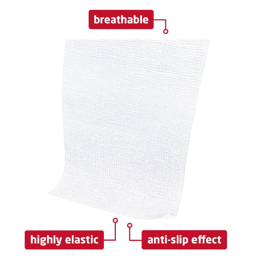 An image showing some of the key benefits of this bandage, breathable, anti-slip, elastic and so on