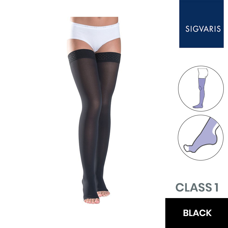 Sigvaris Essential Thermoregulating Unisex Class 1 Thigh Black Compression Stockings with Knobbed Grip and Open Toe