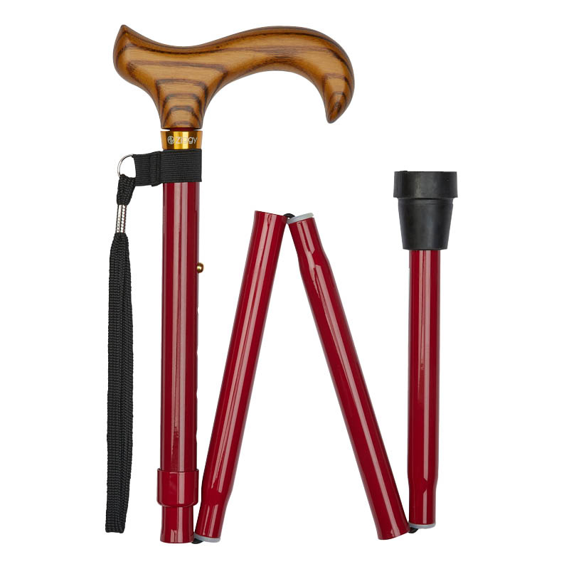 Ziggy Tuscan Red Folding Height-Adjustable Walking Stick with Wooden Derby Handle