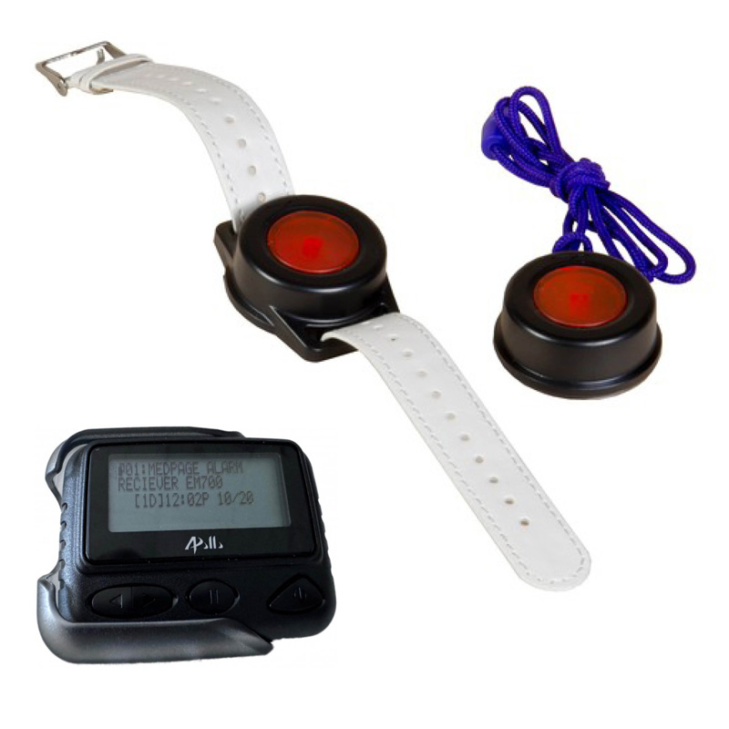 Medpage Alphanumeric Display Pager (EM700) and Long-Range Waterproof Transmitter Button (POC940)