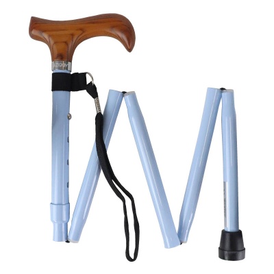 Ziggy Adjustable Mini Folding Walking Stick with Wooden Derby Handle (Pastel Blue)