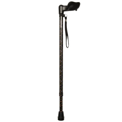 Ziggy Black Floral Shock-Absorbing Height-Adjustable Walking Stick with Anatomical Handle