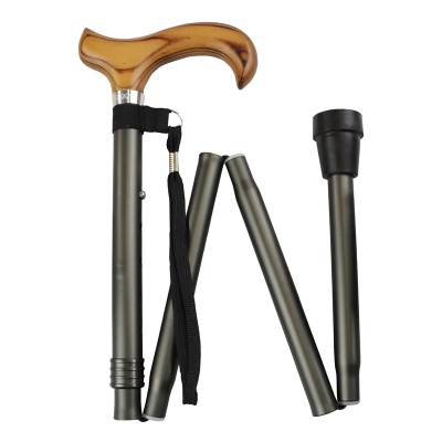 Ziggy Gunmetal Grey Folding Height-Adjustable Walking Stick with Wooden Derby Handle